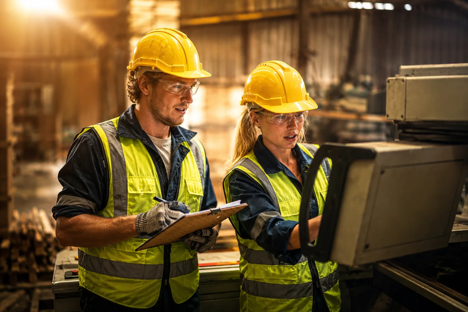 Two industrial workers in hi-vis and hard hats reviewing equipment